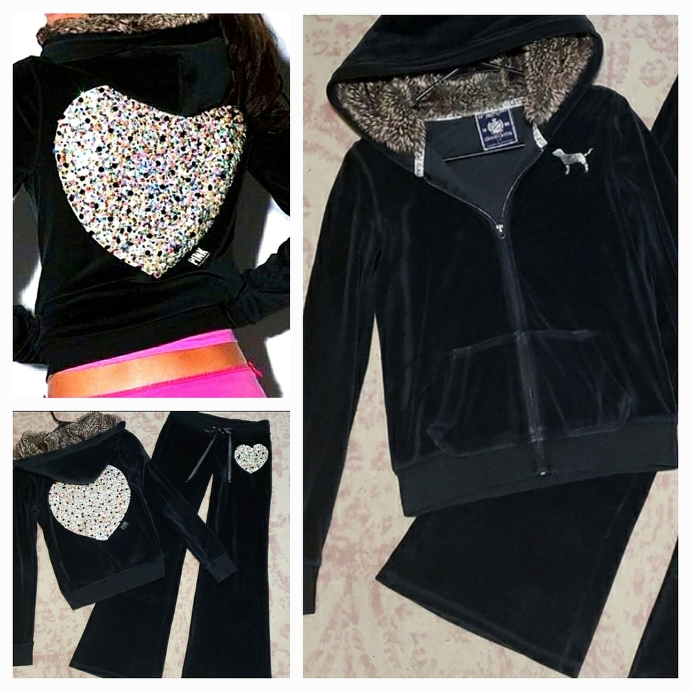 Like New VS PINK Two Piece Sequin Hoodie & Flare Pants, XS, Charcoal Grey